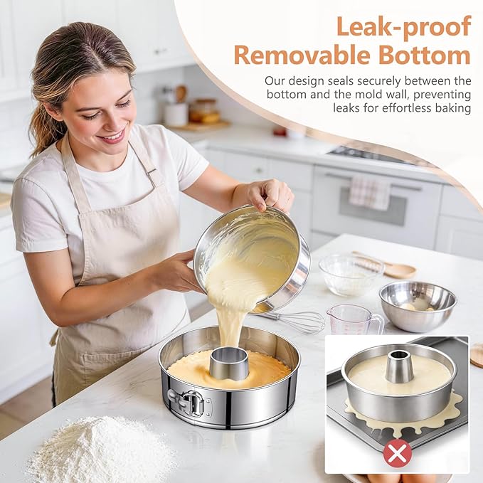 10-Inch Angel Food Cake Pan with Removable Bottom, 304 Food-Grade Stainless Steel Springform Tube Pan, Leak-Proof & Dishwasher Safe - Perfect for Angel food, Pound & Chiffon Cakes
