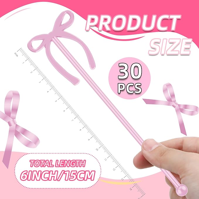 SiliFine 30 Pcs 6 Inch Party Drink Stirrers, Bow Stir Sticks Coffee Stirrers Reusable Plastic Swizzle Sticks for Wedding Birthday Bridal Cocktail Decorations Galentines Supplies(Rose Gold)
