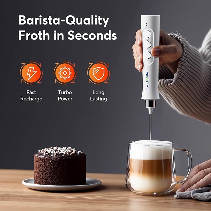 FoodVille MF02 Rechargeable Milk Frother Handheld Foam Maker with Stainless Whisk for Cappuccino, Latte, Bulletproof Coffee, Keto Diet, Protein Powder, Matcha (Pure White)