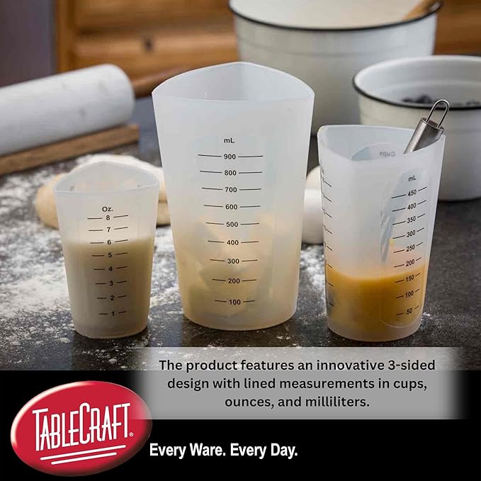 Tablecraft Flexible Measuring Cups, Silicone, Set of 3, Includes: 1, 2 & 4 Cups, White