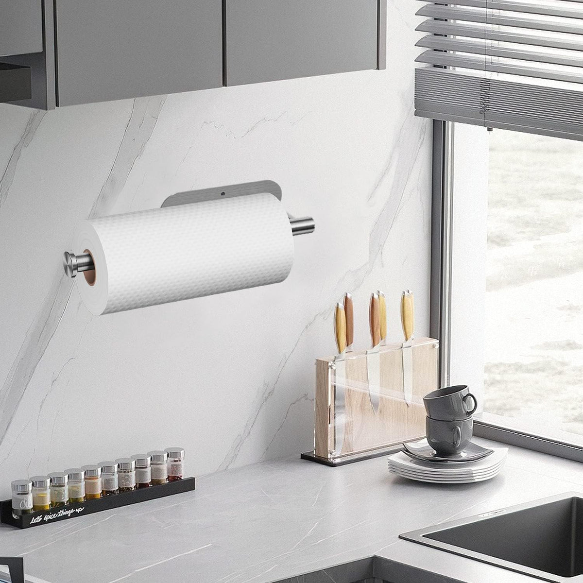 Self Adhesive or Drilling Paper Towel Holder Under Cabinet,Silver Stainless Steel Hanging Paper Towel Holder Wall Mount for Kitchen Paper Towel,Under Counter Paper Towel Roll Rack for Home,Bathroom,RV