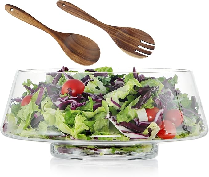MOLIGOU Large Glass Salad Bowl with Acacia Wood Serving Utensils, 169oz Salad Serving Bowl for Party, Elegant Glass Bowl for Fruit, Trifle, Pasta