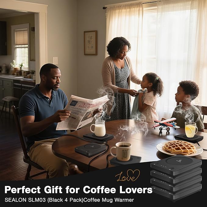 SEALON SLM03 Electric Coffee Mug Warmer (Black, 4 Pack) - 3-Temperature Desk Cup Warmer with Auto Shut-Off (4 Hours) for Heating Coffee, Tea, Milk & Beverages