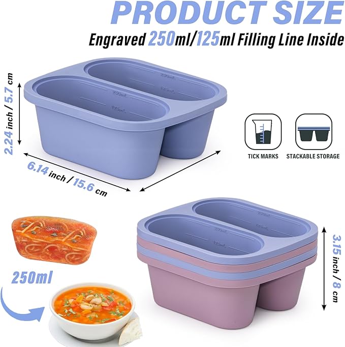 Mossime Silicone Soup Freezer Molds: 1 Cup Silicone Freezer Trays with Lid - 6 Packs Easy Release Soup Freezer Containers - 250ml 125ml Portion Large Cubes for Ice Soup (6, Blue/Purple)