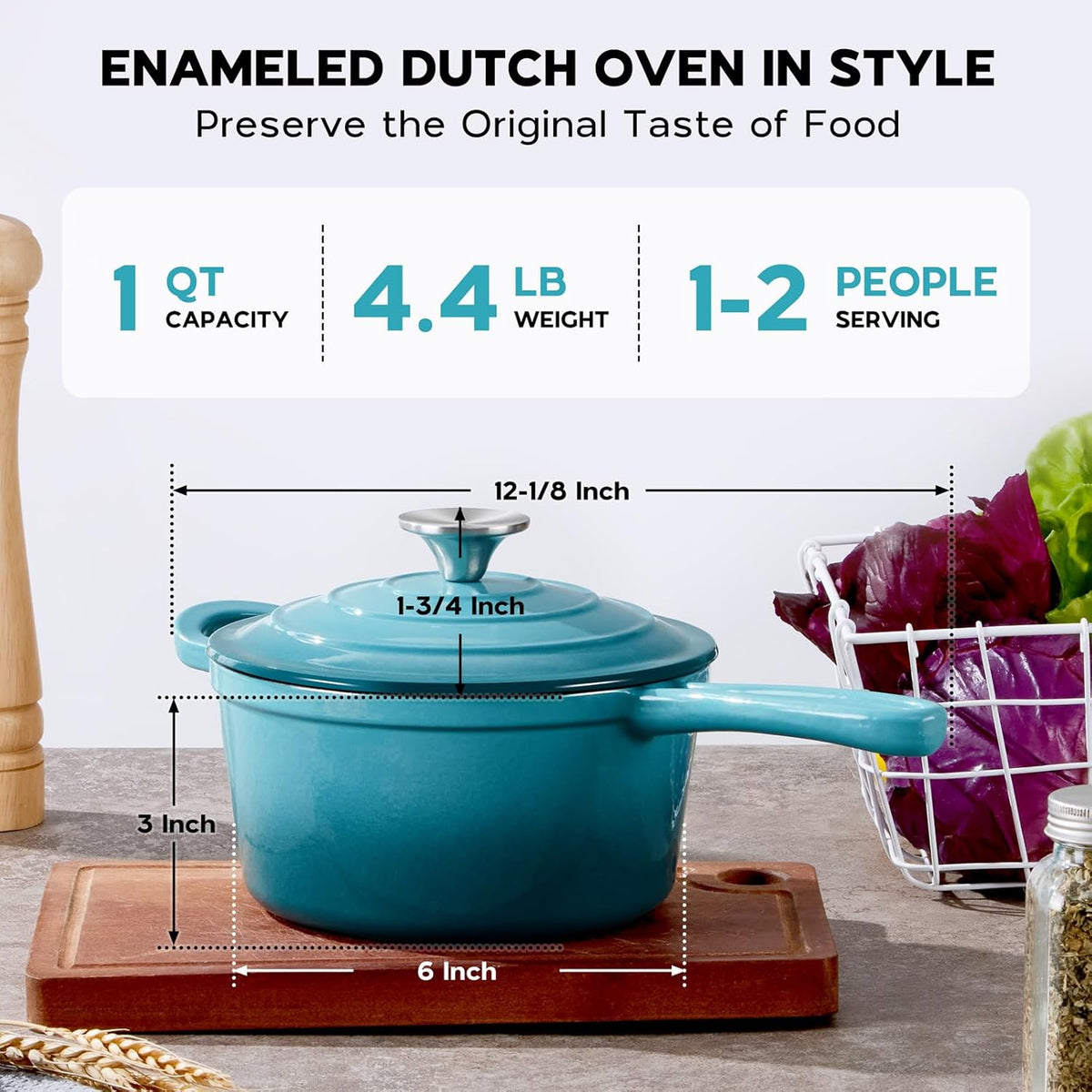1QT Saucepan with Lid, Onader Enameled Cast Iron Sauce Pan, Small Cast Iron Pot for Cooking, Enameled Dutch Oven Nonstick & Heavy Duty – Dark Cyan
