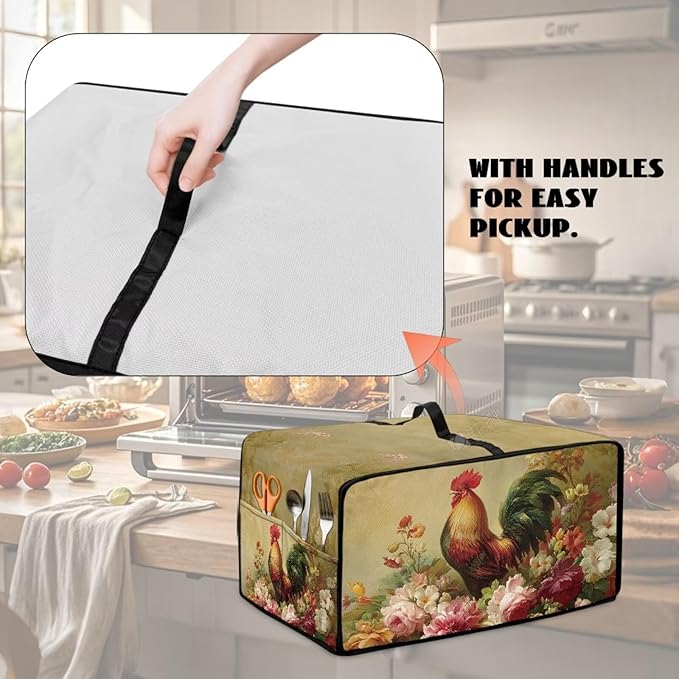 Air Fryer Toaster Oven Dust Cover Dust Protection Countertop Convection Oven Cover Stain-resistant Kitchen Appliance Protector, M, Chicken Rooster Vintage Floral