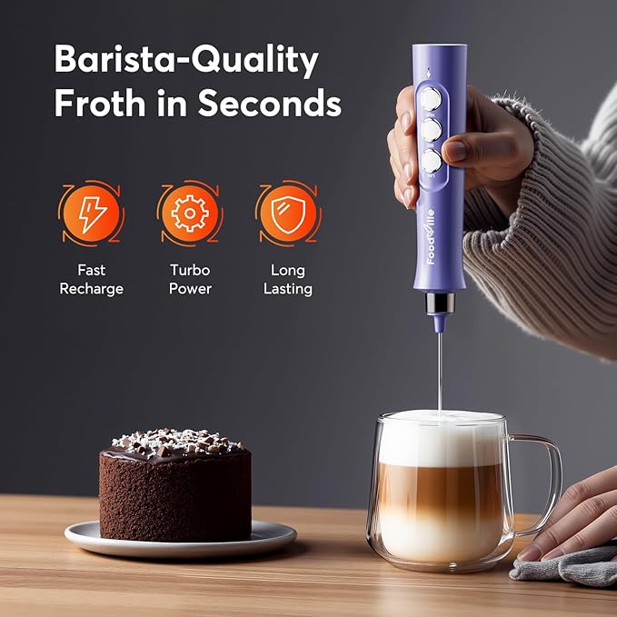 FoodVille MF02 Rechargeable Milk Frother Handheld Foam Maker with Stainless Whisk for Cappuccino, Latte, Bulletproof Coffee, Keto Diet, Protein Powder, Matcha (Ultra Violet)