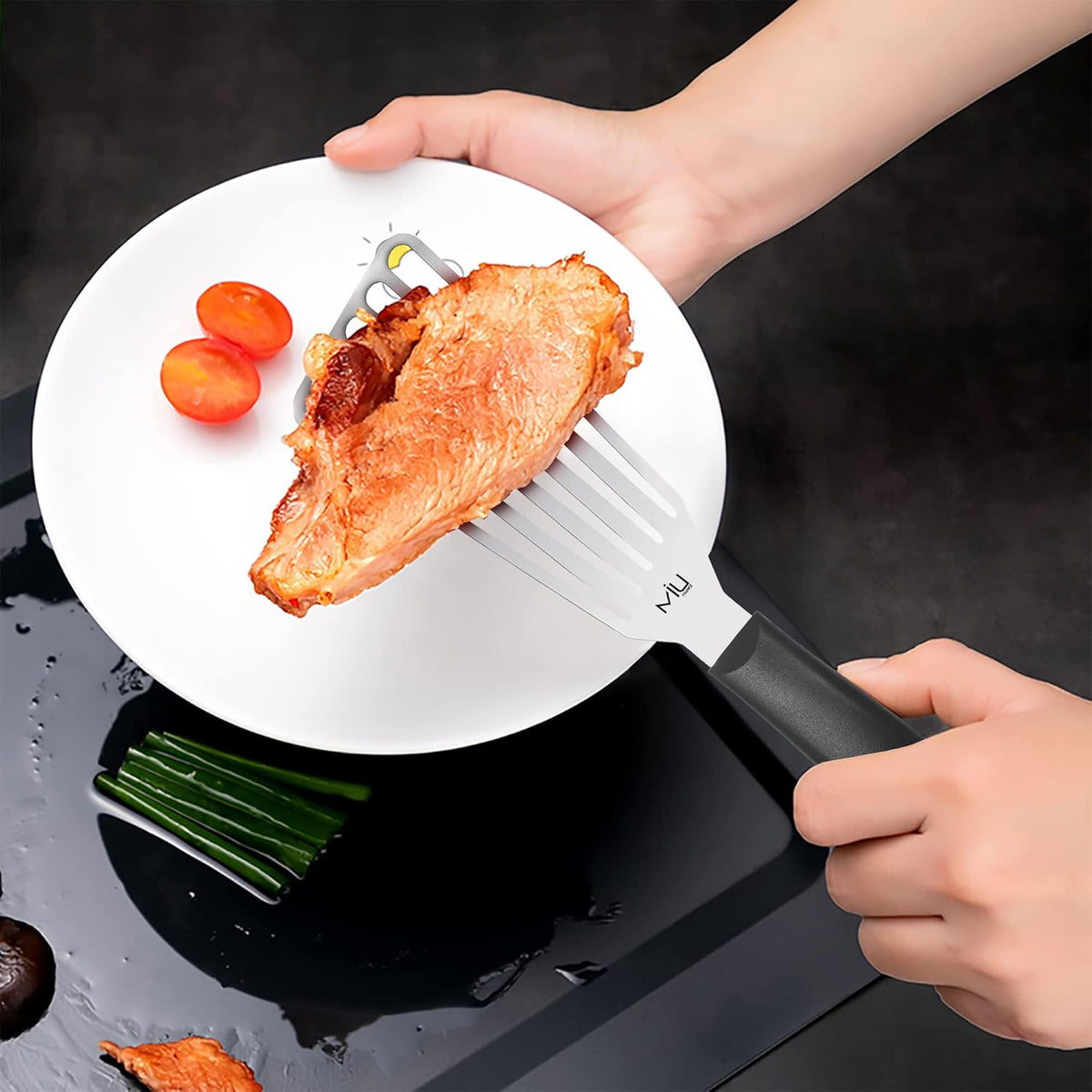 MIU Fish Spatula Stainless Steel, Slotted Flexible Metal, Lightweight Barbecue Turner, 6.5 inch Blade, Plastic Handle with Hole, Grilling Utensils