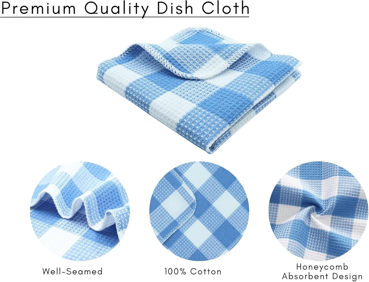 Waffle Weave Plaid Dish Cloths, 100% Cotton - 12 x 12 Inches, Ultra Soft Absorbent Quick Drying Dish Towels Buffalo Check Dish Rags for Kitchen, 8 Pack - Spring Summer - Light Blue & White