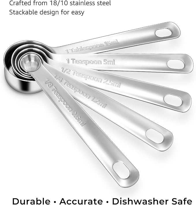 KEAWELL Premium 5-Piece 18/10 Stainless Steel Measuring Spoons Set – Durable, Stackable, Dishwasher Safe – Nesting Design for Baking & Cooking (Silver, 5PC Measuring Spoons)