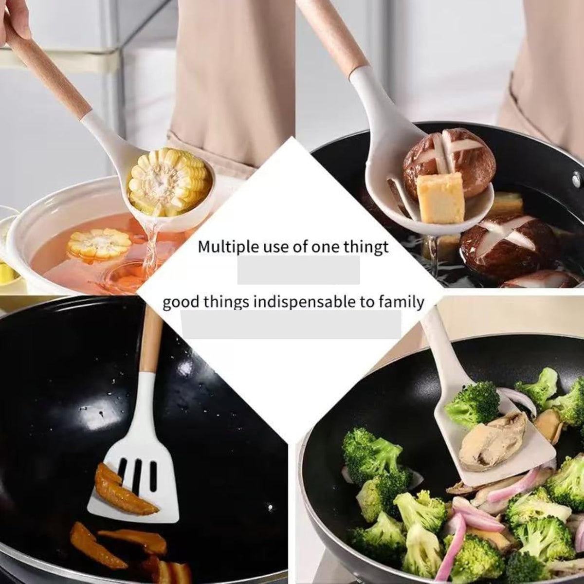 Kitchen Utensil Set with Holder, 19-Piece Silicone Cooking Tools, Wooden Handles, Available in White, Grey, Pink,Black (White)