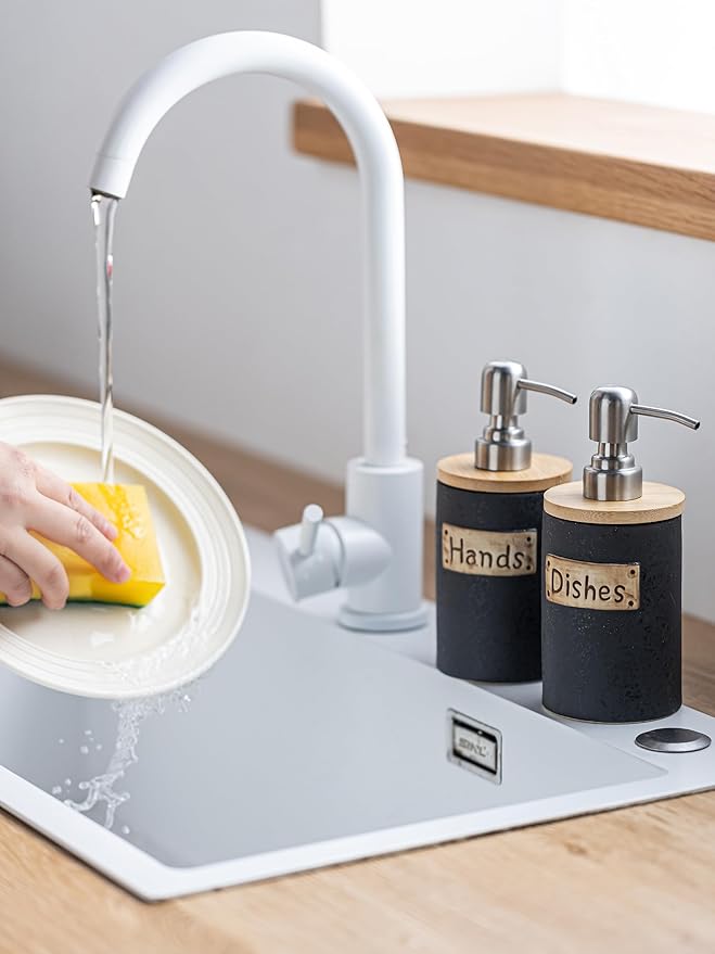 Kitchen Soap Dispenser Set, Ceramic Hand and Dish Soap Dispenser for Bathroom, Includes Instant Dry Tray, Collapsible Funnel, 15 Oz, Black