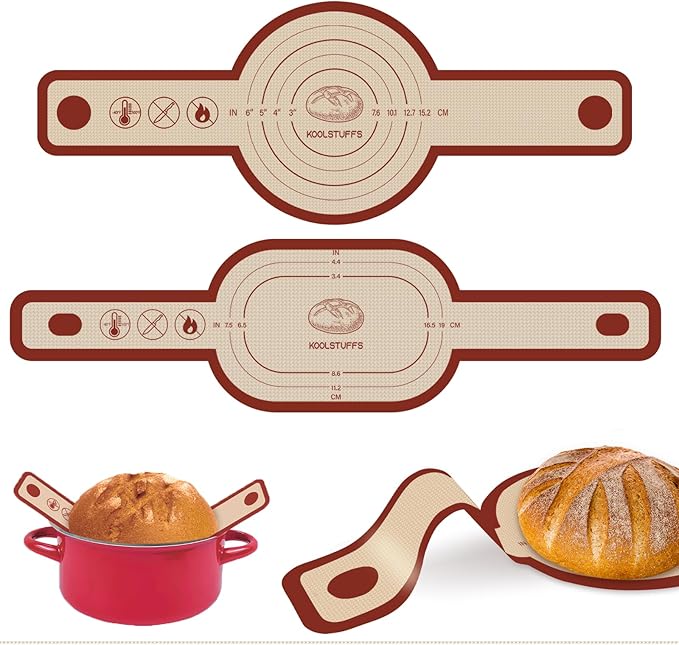 Silicone Bread Sling for Dutch Oven, 2 PCS Red Non-Stick & Reusable Bread Baking Mat with Extra Long Handles, Easy and Safe Sourdough Transfer, Dishwasher Safe Baker's Tools, Round and oval