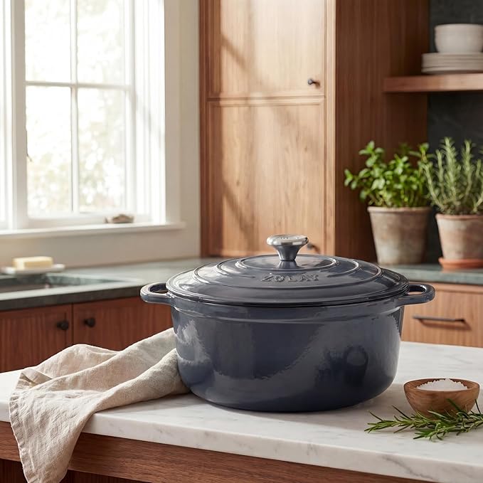 Zulay Kitchen 5 Quart Enameled Cast Iron Dutch Oven Pot with Lid – Premium Durability & Oven Safe up to 500°F – Heavy Duty Cookware Perfect for Bread Baking, Stews, Braising & Roasting – Gray