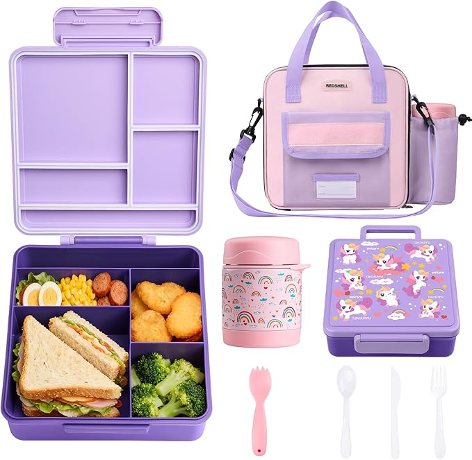 REDSHELL Bento Lunch Box for Kids Set, Leakproof Food Jar Pail with Insulated Bag, Toddler Snack Container Lunchbag for Girls Daycare, Back to School Lunchbox Kit, Includes Bottle Holder Strap, Purple