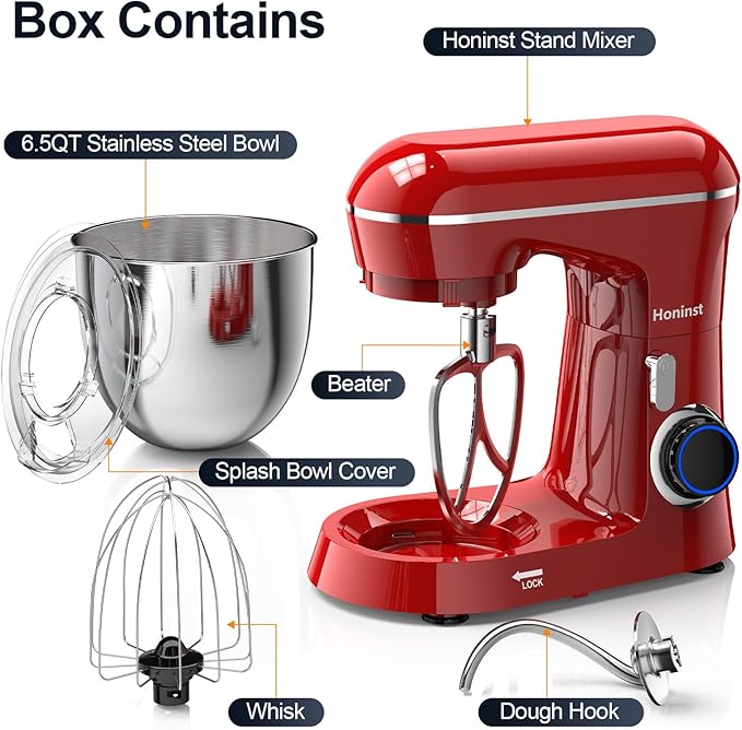 Honinst Stand Mixer, 6.5QT 10-Speed Tilt-Head Electric Stand Mixer, 3-In-1 Kitchen Mixer with Bowl, Dough Hook, Whisk and Beater, Food Mixer for Baking, Cake and Most Home Cooks, Red