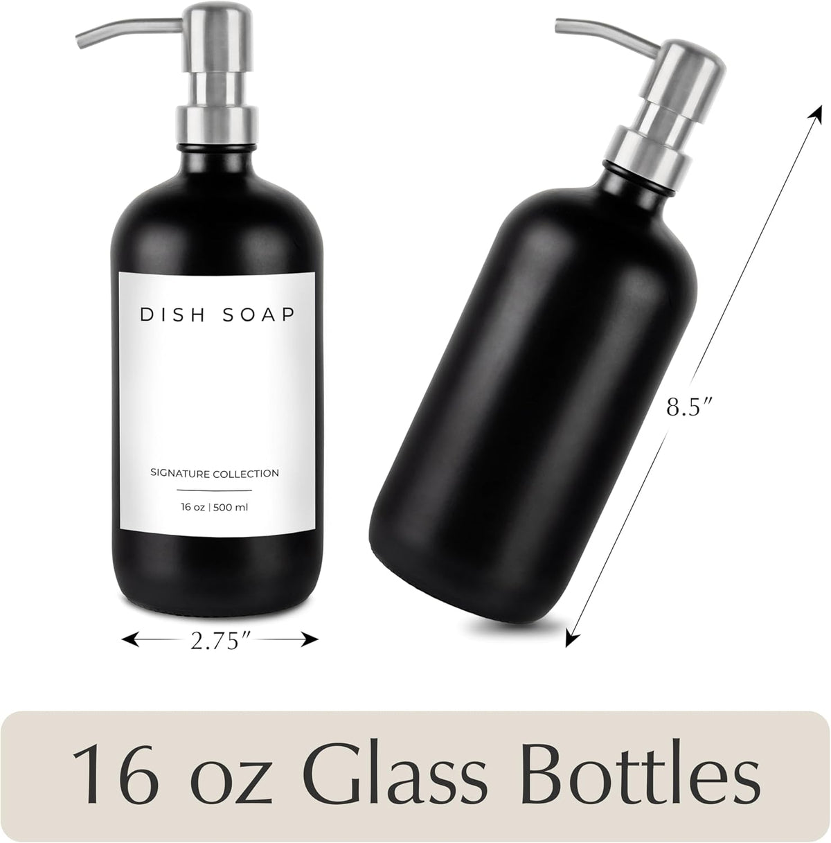 Emerson Glass Soap Dispenser Set - Kitchen & Bathroom, 2 Pack with Pump and Labels - 16 Oz