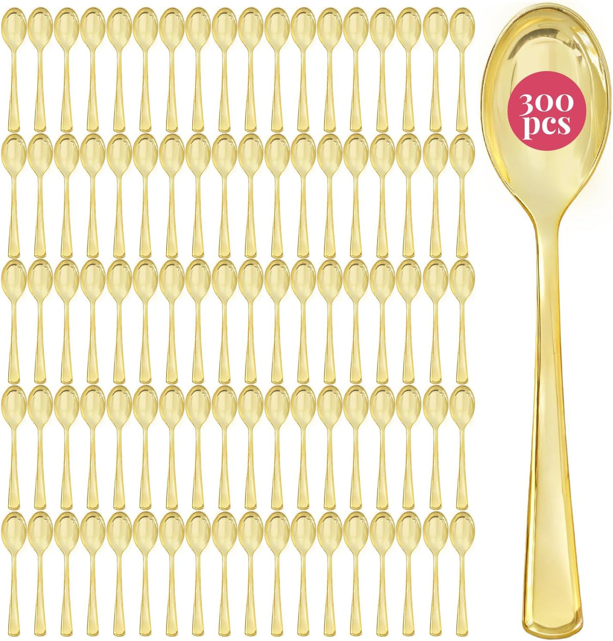Prestee Gold Plastic Spoons, 300 Pc, Disposable Spoon Cutlery Flatware Pack for Party, Wedding Events, Sparkle & Glamour - Plastic Utensil Set for Parties, Events and Everyday Use