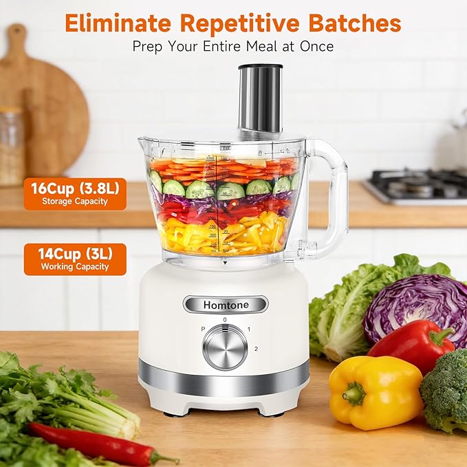 Homtone 16-Cup Food Processor, Heavy-Duty 9-Function Appliance with 7 Blades & 3 Speeds for Dough Kneading, Meat Chopping, Slicing, Shredding & Making French Fries, 600W (White)