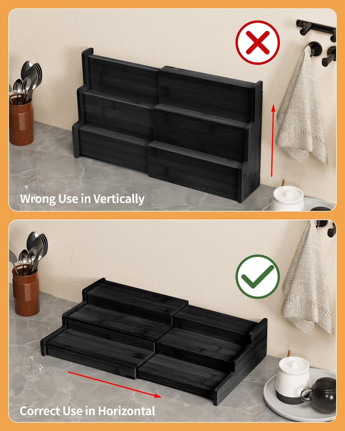 Spice Rack Organizer, 3 Tier Expandable Bamboo Spice Rack Organizer, Great for Kitchen Cabinet, Cupboard, Pantry and More-Black