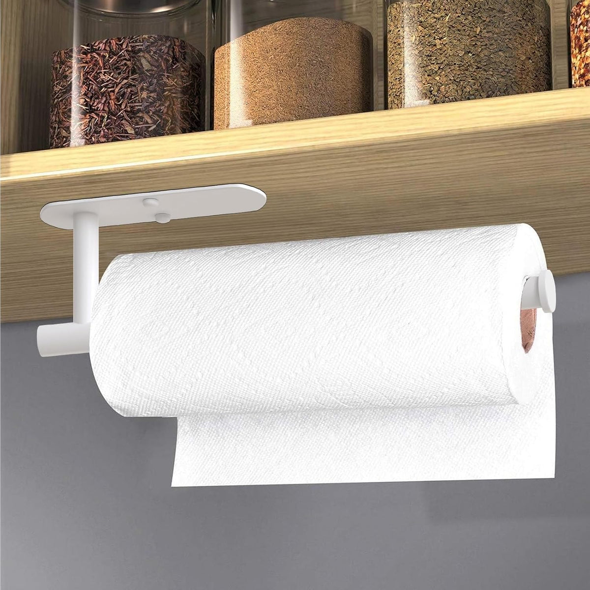 VAEHOLD Self Adhesive Paper Towel Holder Under Cabinet Mount, Wall Mounted Paper Towel Roll Holder for Kitchen, Bathroom, Wall - Stainless Steel (White)