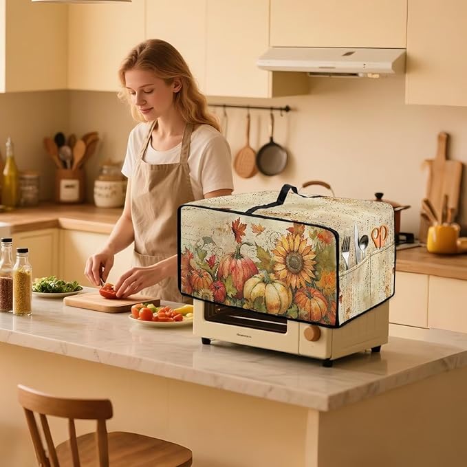Toaster Oven Dust Cover Small Kitchen Appliance Cover for Countertop Convection Ovens,Small Appliances, M, 16.5 x 20.5 x 10 Inches, Retro Pumpkin Sunflower