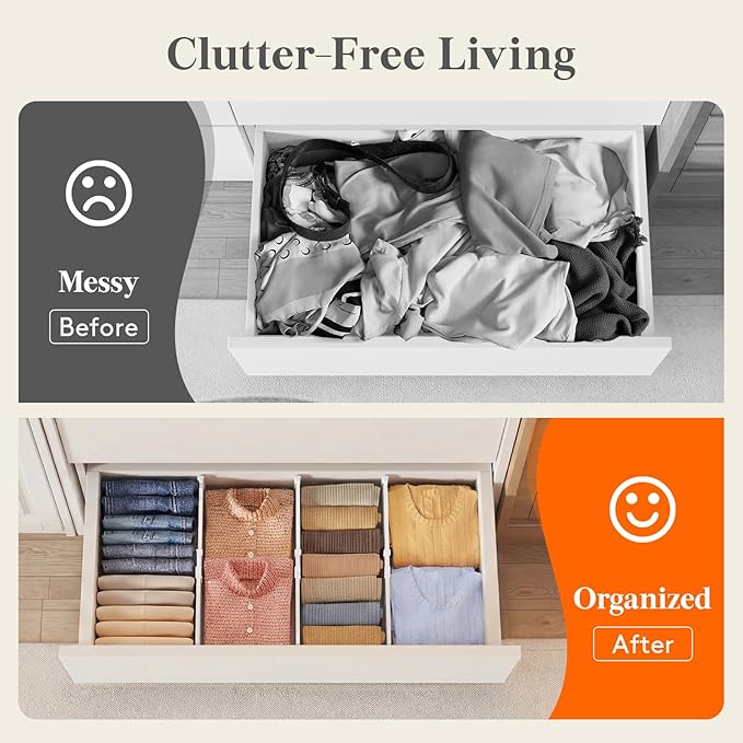 Lifewit 6" Tall 5 Pack Drawer Dividers, 30-47cm/11.5-18.5" Expandable Drawer Divider for Clothes, Adjustable Dresser Drawer Organizers, Drawers Separators for Dresser/Bathroom/Closet/Kitchen White