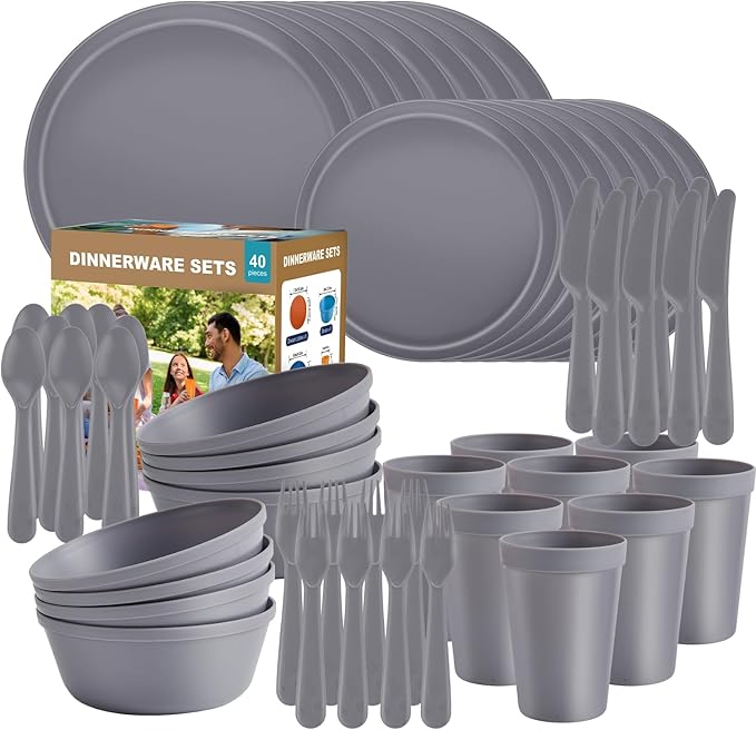 40 Piece Plastic Dinnerware Set for 8 with Cutlery, Unbreakable Plates and Bowls Set, Dishwasher & Microwave Safe Reusable Dish Set for Camping, RV, Outdoor Kitchen, Apartment Dining, Gray