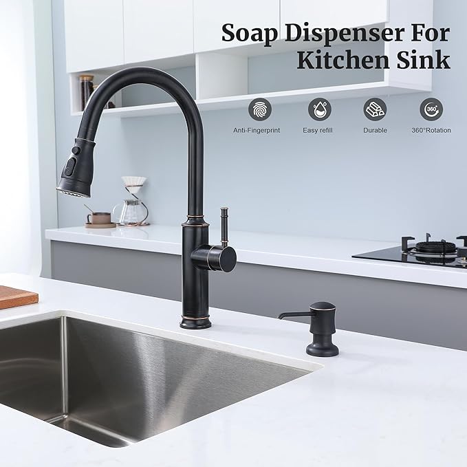 Soap Dispenser for Kitchen Sink (Oil Rubbed Bronze), Built-in and Refill-from-Top Design with Liquid Hand & Dish Soap Bottle