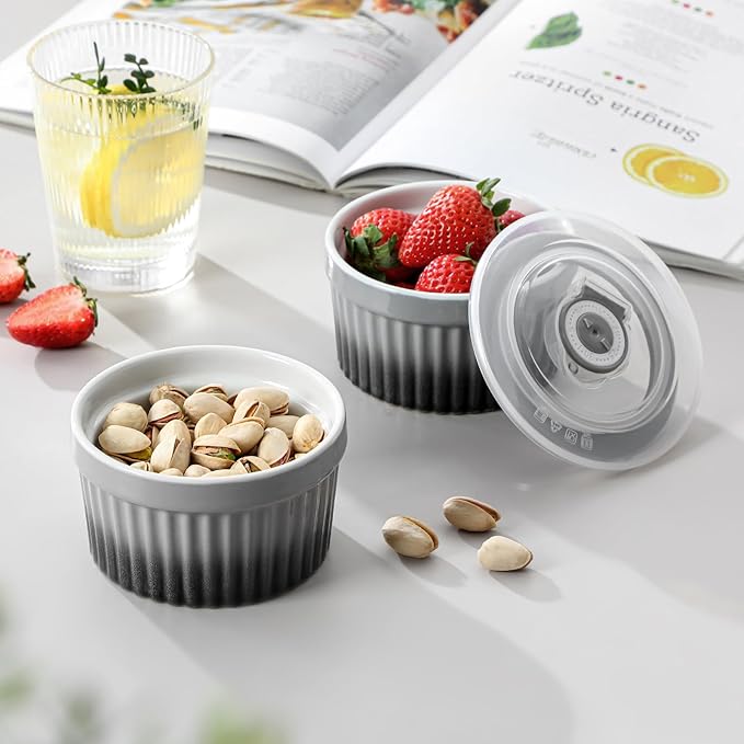vancasso 8 oz Ramekins with Lid, Porcelain Creme Brulee Souffle Dishes, Grey Pudding Custard Cups Ramiken for Baking, Dishwasher and Oven Safe, Set of 6