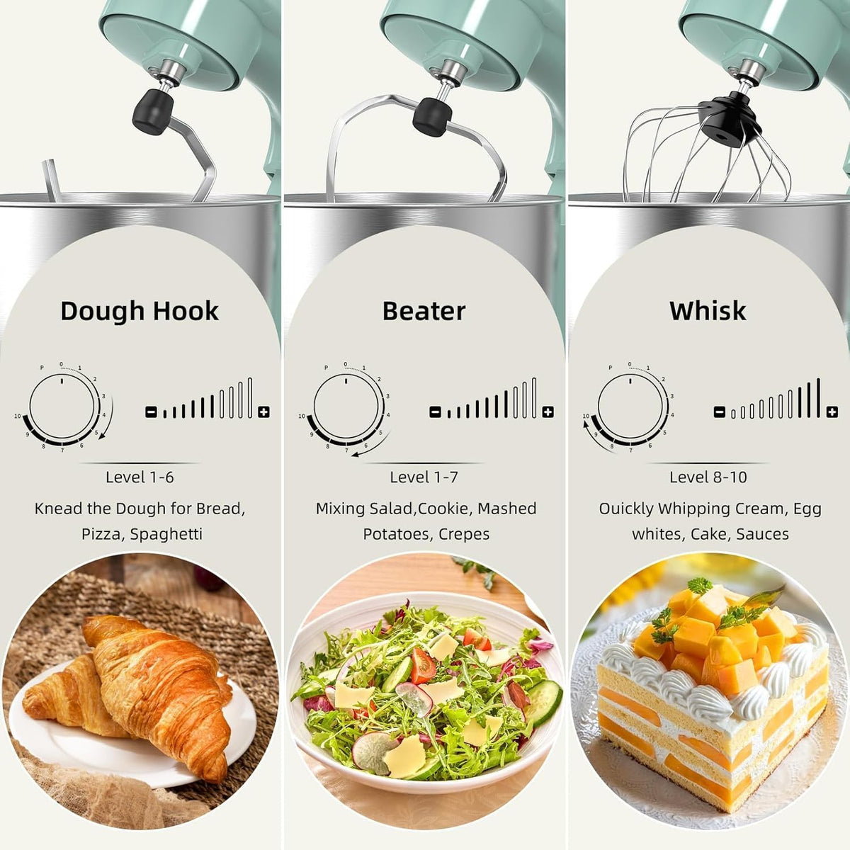 Electric Stand Mixer, 10 Speeds Tilt-Head Food Mixer, 3-IN-1 Kitchen Mixer for Daily Cooks with Dishwasher-Safe 6.5 QT Bowl,Dough Hook, Beater, Whisk (Agave Green)