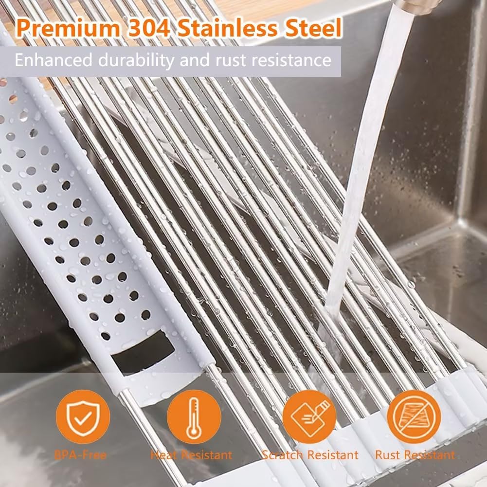 Silicone Wrapped Dish Drying Rack Above Sink, Width 20.47 inches x Length 12.99 inches, roll up Dish Drain Above Sink - Foldable (Stainless Steel)
