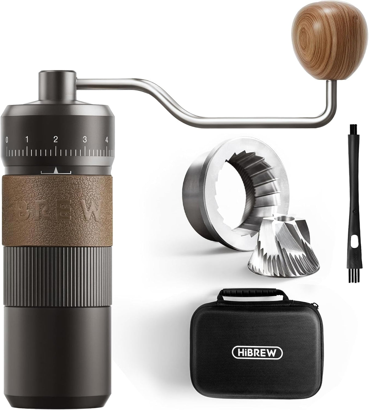 HiBREW G4B Manual Coffee Grinder with External Adjustable Dial - Aluminum Conical Burr Mill, Numerical Settings & Travel Case, Coarse to Fine Grind for Espresso Pour Over Moka Pots. 22g Capacity
