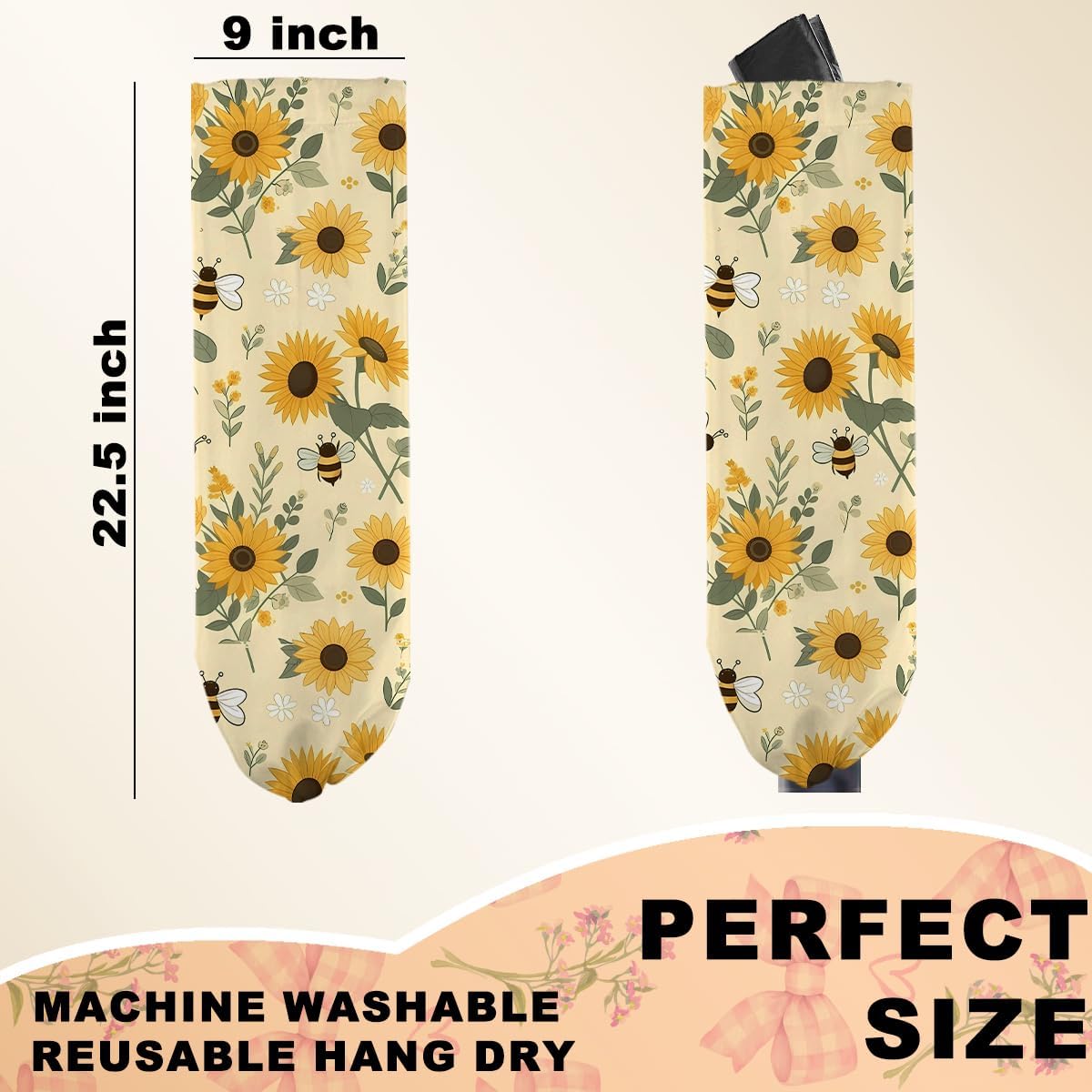 2Pcs Cute Bee Plastic Bag Holder, Wall Mount Grocery Bag Holder for Plastic Bags, Vintage Rustic Sunflower Reusable Grocery Bags Storage Dispenser for Home Kitchen Pantry, Sunflower Gifts for Women