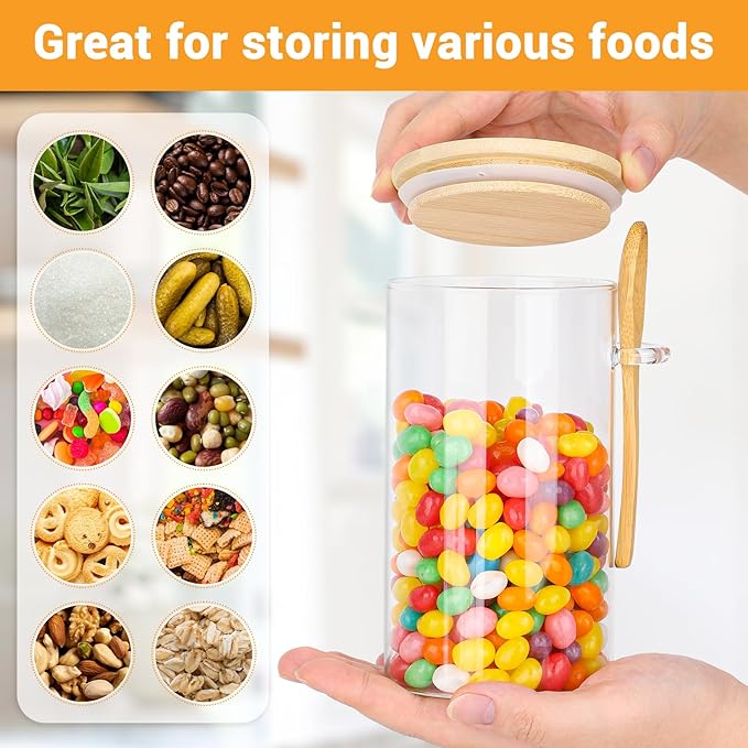 Glass Storage Jars with Airtight Lids - 2 Pack 23 Fl.oz Round Glass Jars with Bamboo Lids and Spoon, Includes Labels and Marker, Pantry Canisters for Sugar, Pasta, Cereal, Tea Container