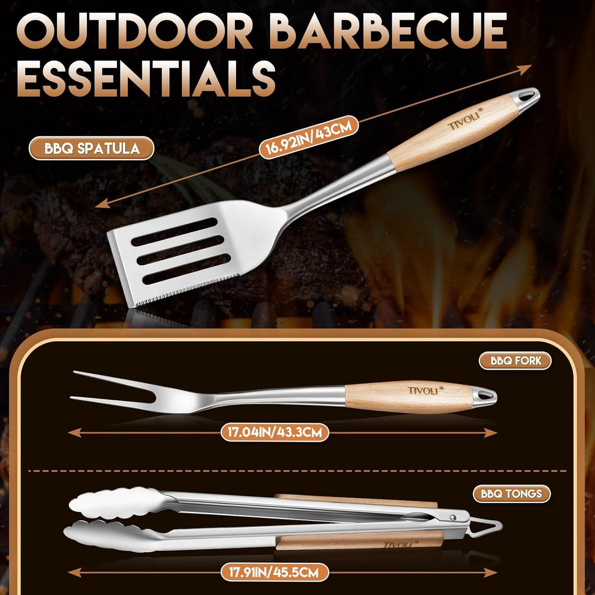 TIVOLI 3PCS Grilling Accessories, Heavy Duty BBQ Tool Set with Stainless Steel Spatula, Tongs, Fork, Wood Handles Barbecue Utensils Kit for Outdoor, Perfect Grill Gifts for Dad Men