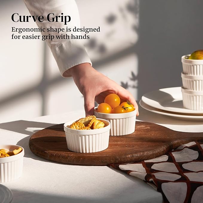 DOWAN Ramekins 4 oz Oven Safe for Creme Brulee Souffle, Porcelain Custard Cups Ramiken for Baking, Small Bowls Dipping Sauce Dish Classic Style, Set of 6, Soft White