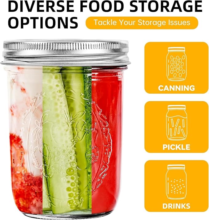 Miuyhji Mason Jars 16 oz with Lids, 12Pcs Wide Mouth Glass Canning Jars with Airtight Lids and Bands, Overnight Oats Containers for Pickling, Freezing, Preserving, Meal Prep, Jar Décor