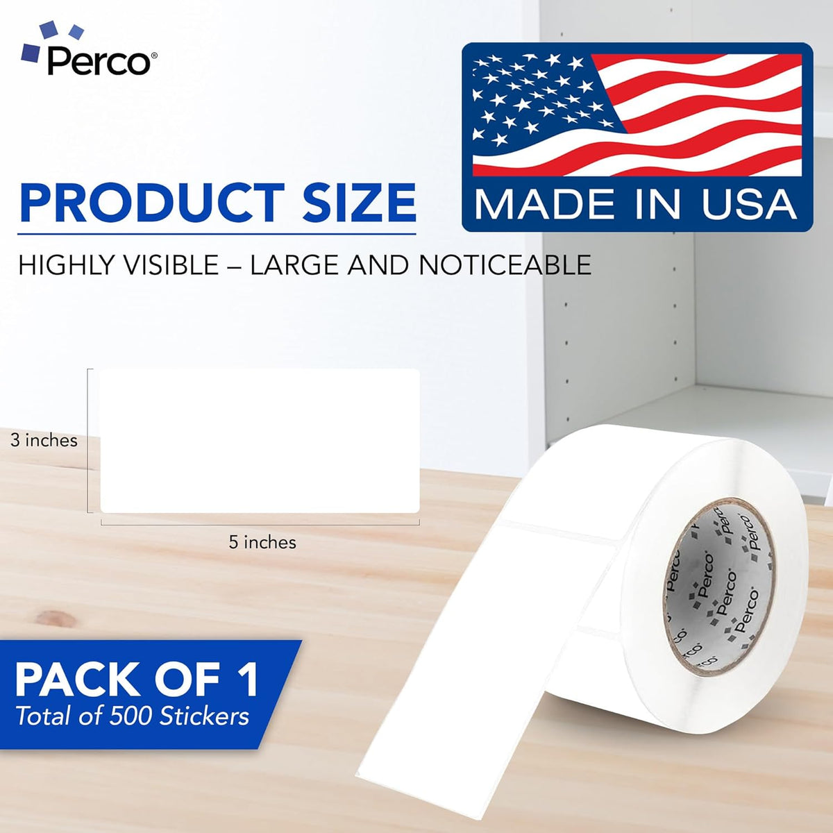 Perco White Labels 3x5 Inch 500 Stickers/Roll with Easy Peel Perforation and Strong Adhesion for Inventory Management, Color Coding, Moving Boxes, Retail, Organizing & Crafts – Made in USA