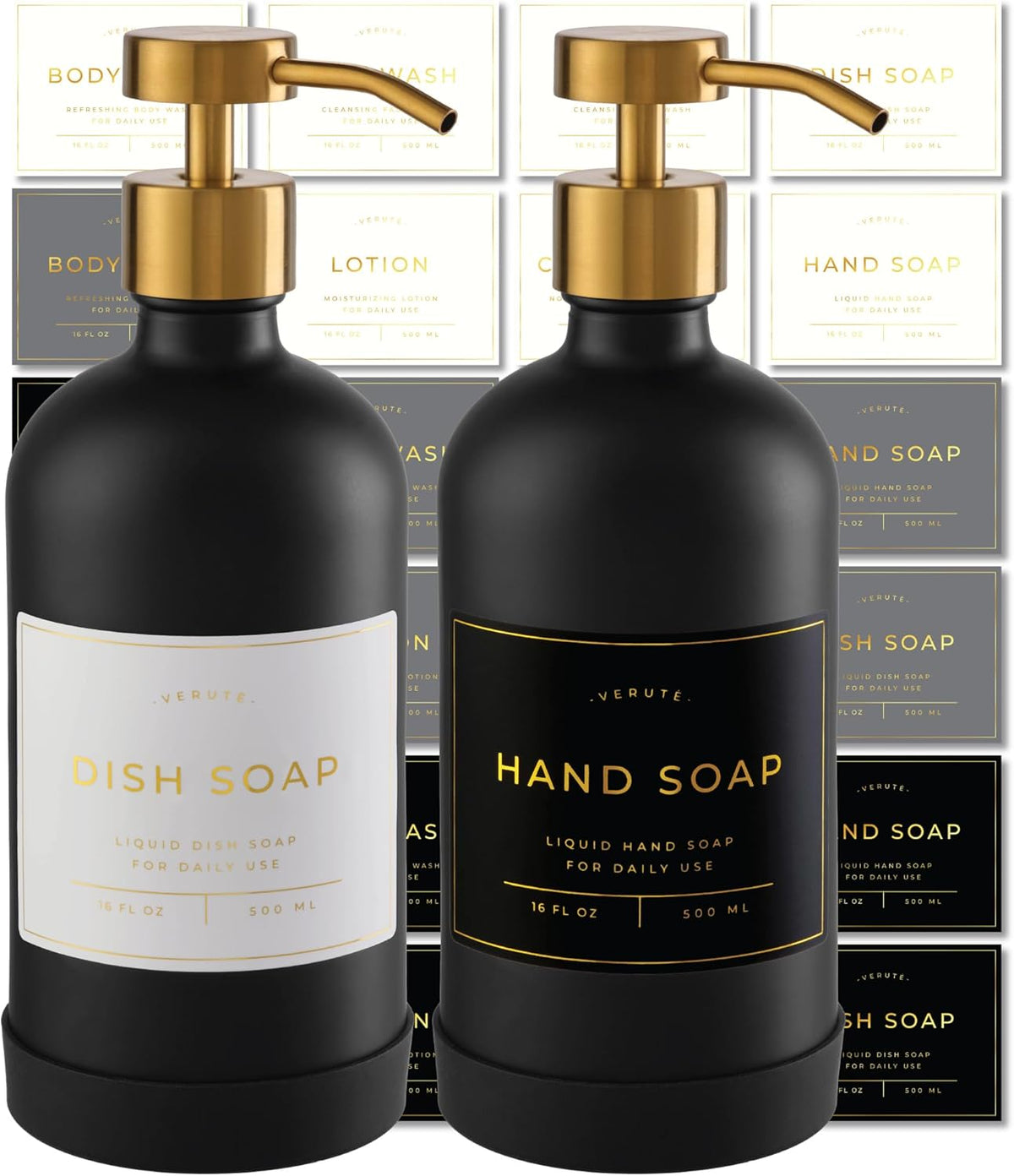 16oz Glass Soap Dispenser with Stainless Steel Pump, 21 Waterproof Labels, Non-Slip Protective Silicone Pad, Set of 2 for Bathroom & Kitchen (Matte Black Bottle/Brushed Gold Pump)