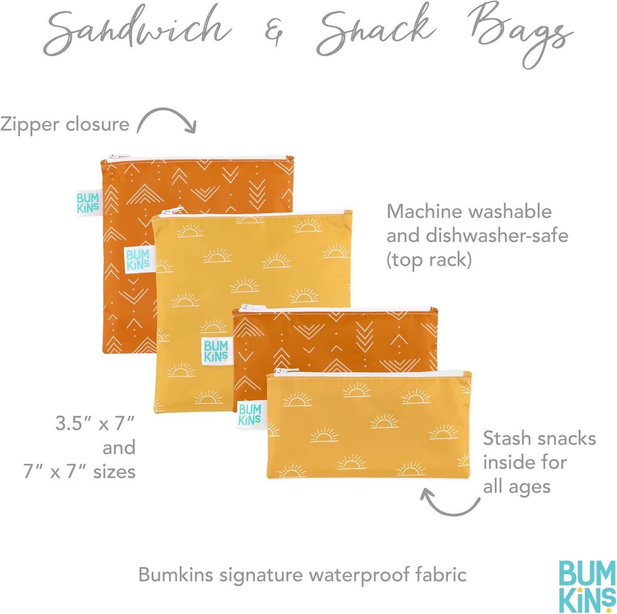 Bumkins Reusable Sandwich and Snack Bags, for Kids Lunch Bags and for Adults, Washable Fabric, Cloth Zip Bag, Dishwasher-Safe, Food-Safe, Safety Tested (4-Pack), Large, Desert Boho Set
