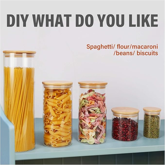 Glass Food Storage Containers Jars with Airtight Bamboo Lid 16 oz 9 pcs, 490 ml Pantry Organization Jar, Glass Terrarium with Lid, Spice, Flour and Sugar Container, Canister Set for Kitchen Counter