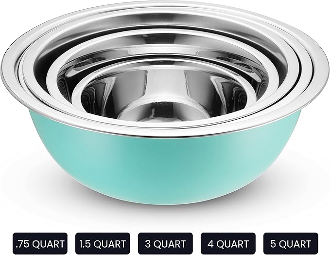 WHYSKO Stainless Steel Mixing Bowls With Lids Set, 5 Sizes Nesting Mixing Bowls for Your Kitchen Meal Prep, Cooking, Baking, and Food Storage (Blue Bowls with White Lids)