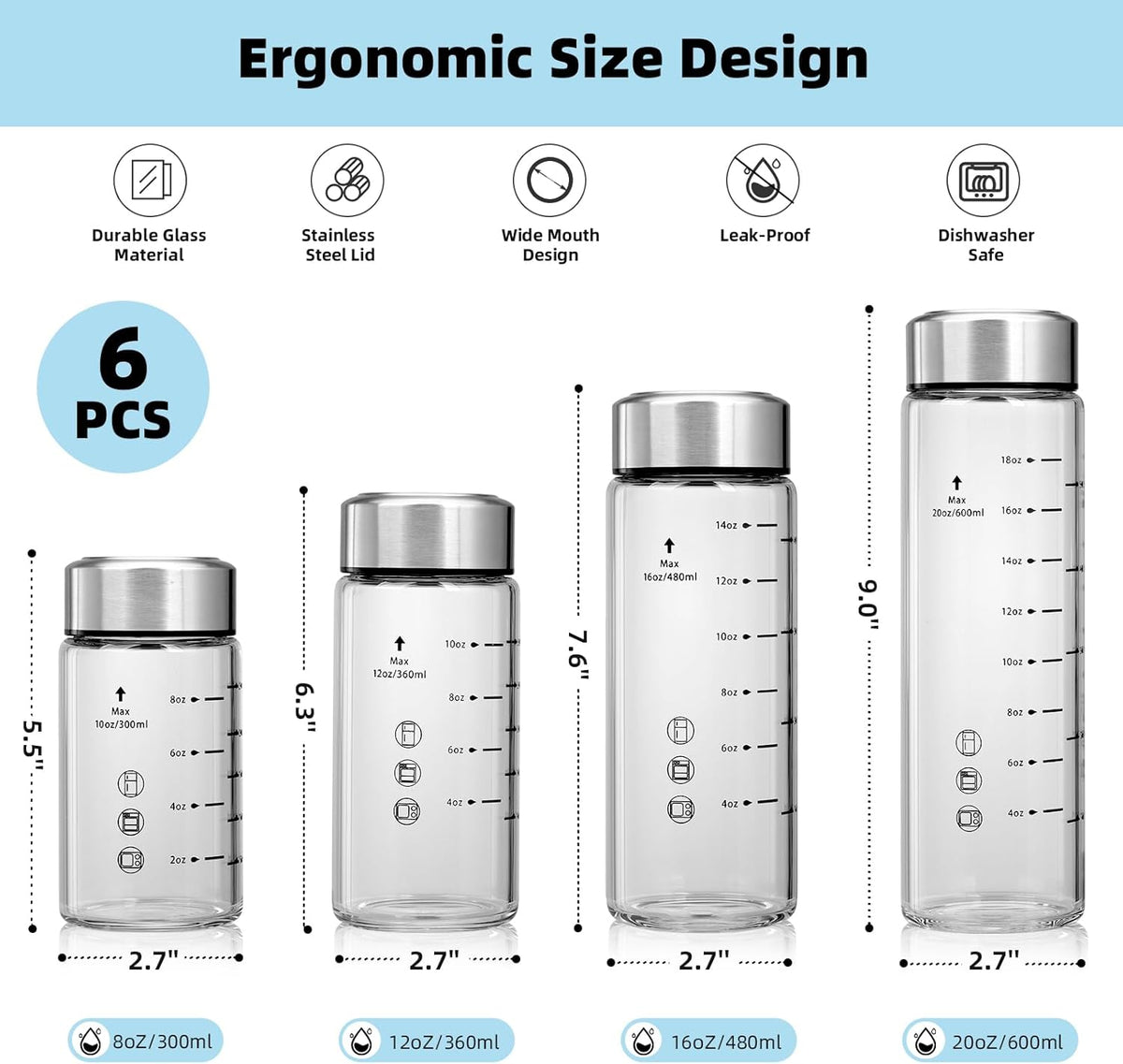 Glass Juice Bottles 6 Pack 20 oz - Wide Mouth Glass Water Bottles with Lids - Borosilicate,Stainless Steel Lids for Juicing, Smoothies, Infused Water, Beverage Storage, Leakproof, Reusable,BPA Free