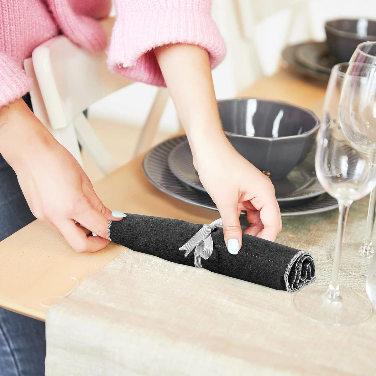 Hillban 12 Pcs Anti Tarnish Silver Storage Bags Silver Storage Cloth Felt Flatware Organizer Anti Tarnish Protector Bags Place Setting Roll with White Ribbon for Kitchen Cutlery Utensils (Black)
