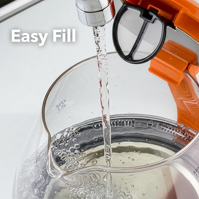 OVENTE Electric Kettle, 1.5L Borosilicate Glass Countertop Water Heater and Boiler for Coffee or Tea, BPA-Free, Auto Shut-Off, Boil-Dry Protection, Removable and Washable Spout Filter, Orange KG83O