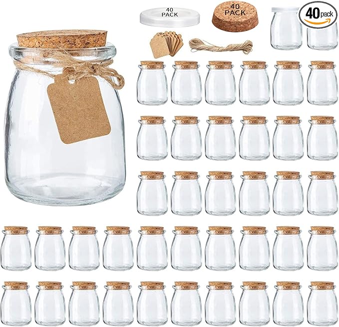Glass Mini Yogurt Jars 40 Pack, 7 oz Favor Jars With Cork Lids, Pudding Containers, Mason Wedding Favors Honey Pot With Label Tags and String