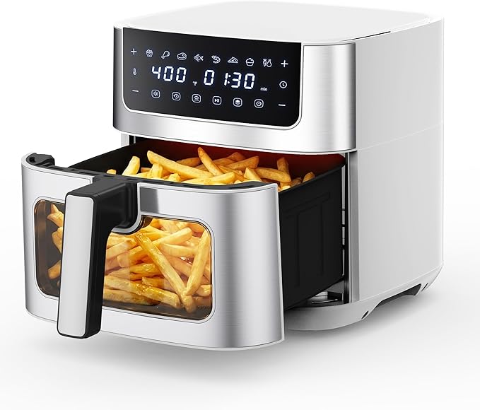NEWBULIG Air Fryer 6.34QT, Airfryer with Visible Window, 400℉ Fast Heating Air Fryers Oven with Nonstick and Dishwasher-Safe Basket, 8-in-1 Cooking Preset, Timer，Auto-Off, Stainless Steel, White