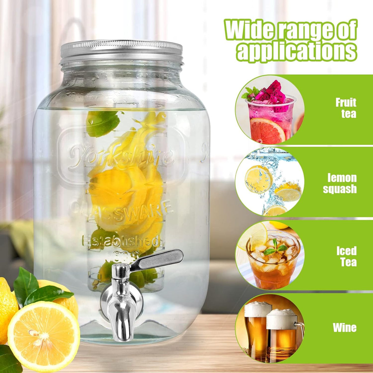 DD&HAPP Glass Drink Dispensers For Parties. 1.2 Gallon Beverage Dispenser With Stand And Stainless Steel Spigot .Lemonade Dispenser With Ice Cylinder.Mason Jars,Laundry Detergent Dispenser.