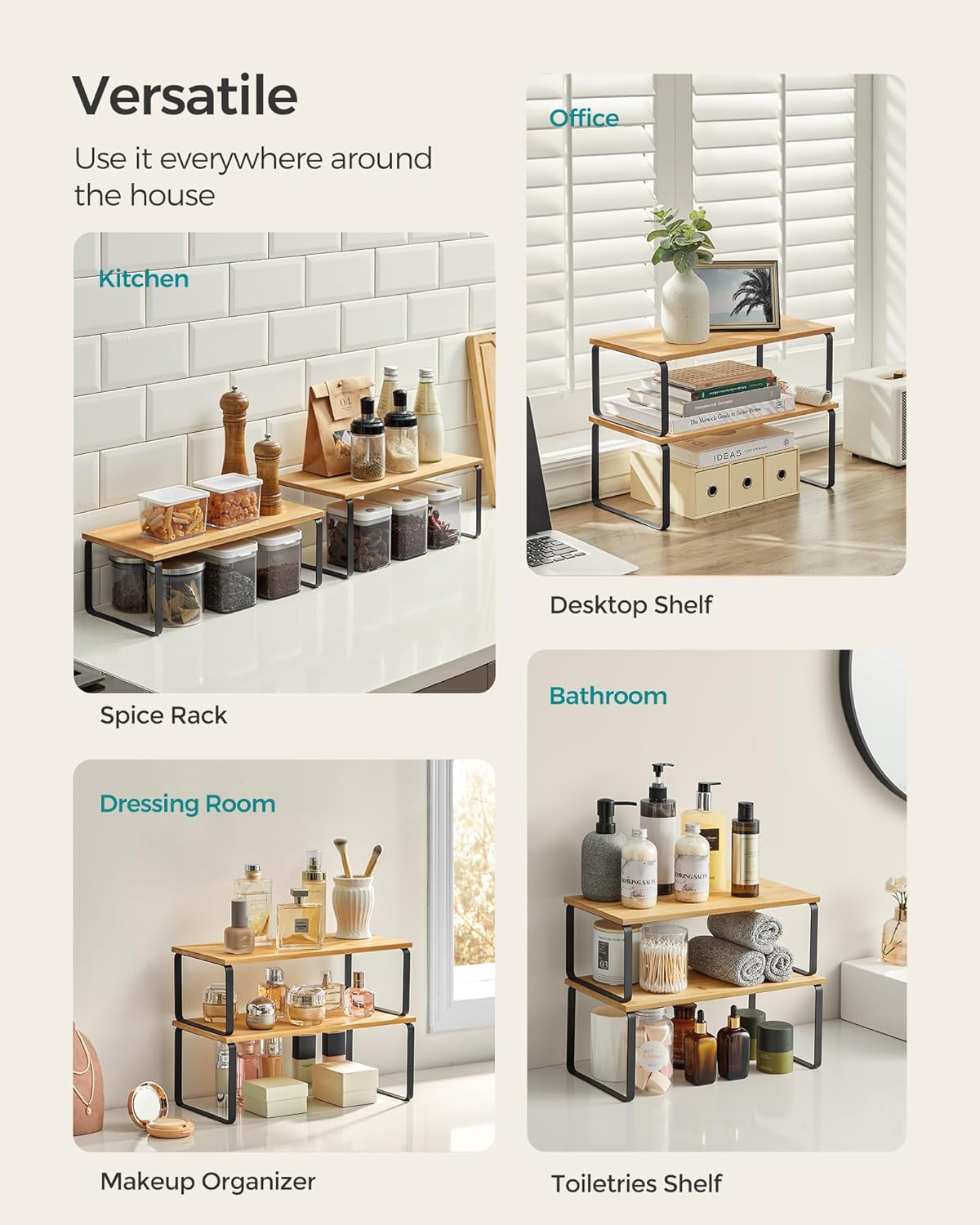 SONGMICS Cabinet Organizer Shelf, Set of 2 Kitchen Counter Shelves, Kitchen Storage, Spice Rack, Stackable, Expandable, Metal and Engineered Wood, Ink Black and Natural Beige UKCS200B01